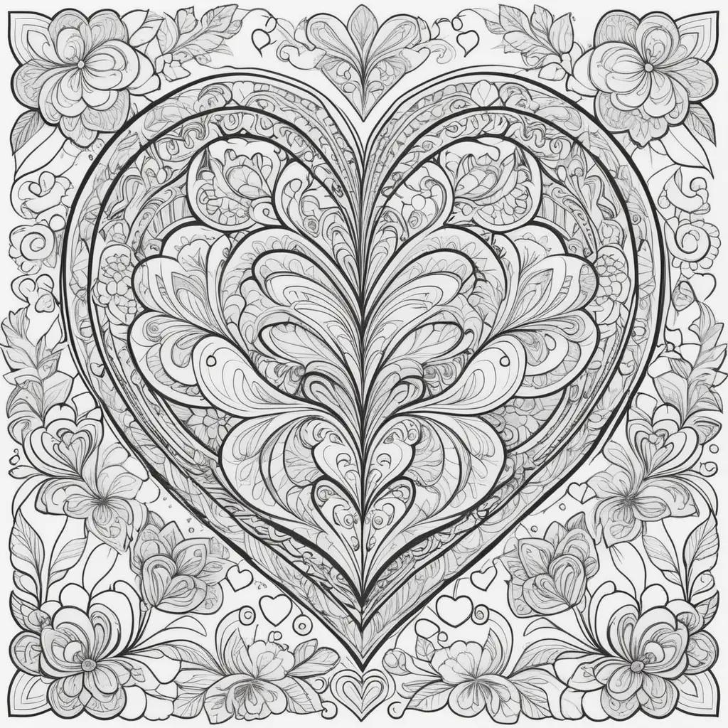 Valentines Day coloring pages with heart, flowers and roses