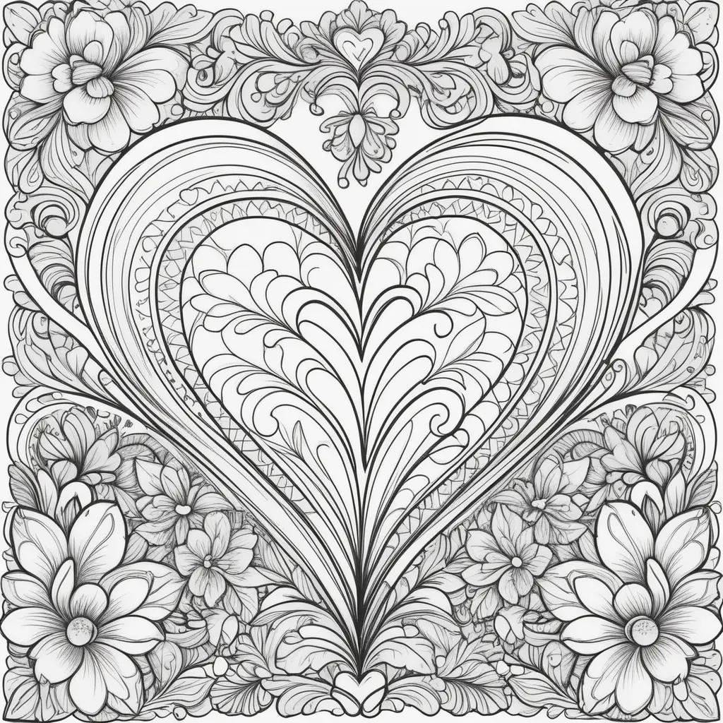 Valentines Day coloring pages with heart and flower designs