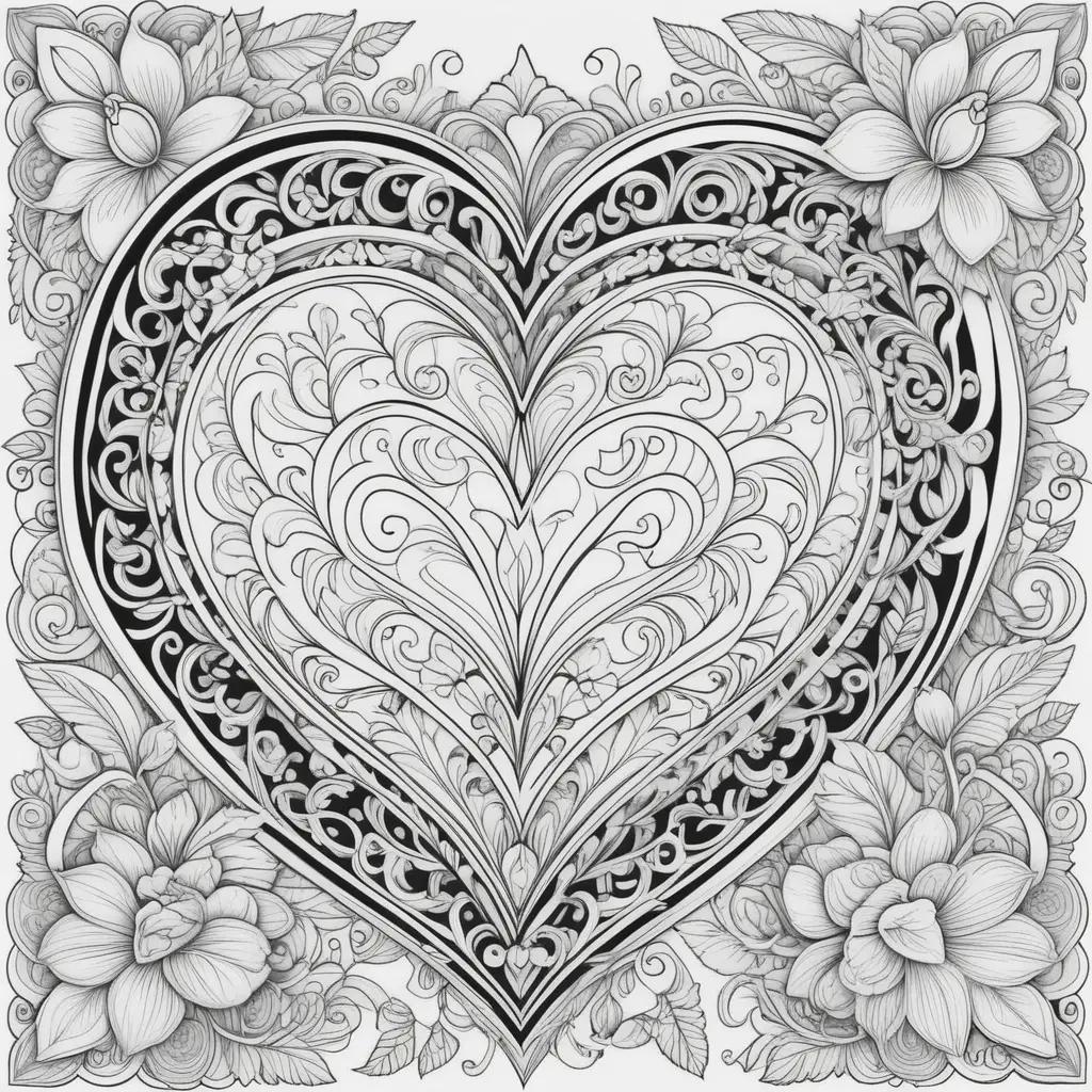 Valentines coloring pages featuring a heart and flowers