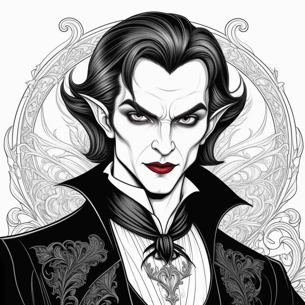 Vampire coloring pages: A black and white illustration of a male vampire with red lips and a frown