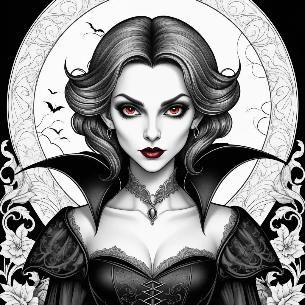 Vampire coloring pages featuring a woman in a black dress