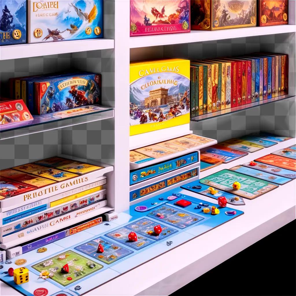 Various board games and book collections on shelf