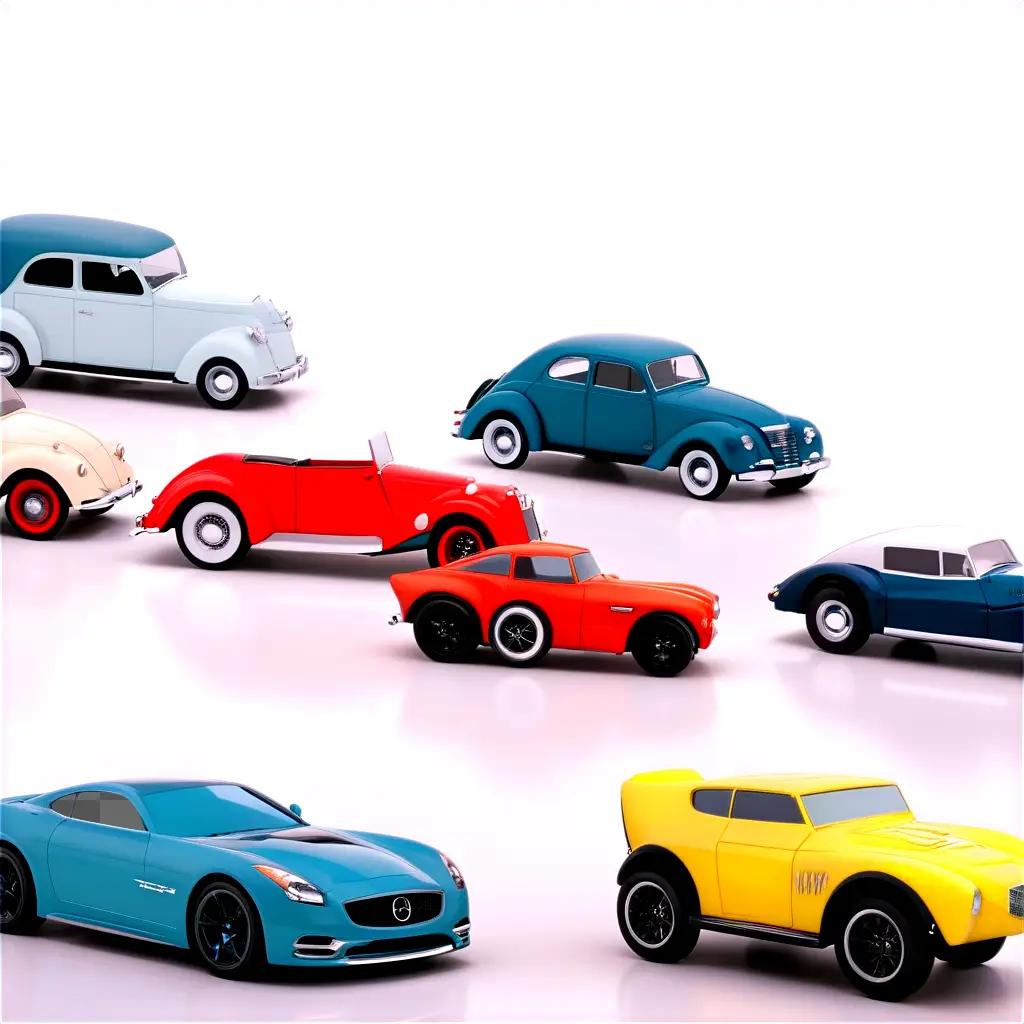 Various cars in a line against a white background