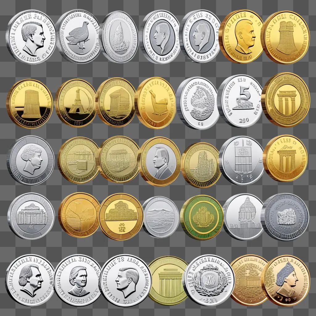 Various colored coins displayed on a gray background