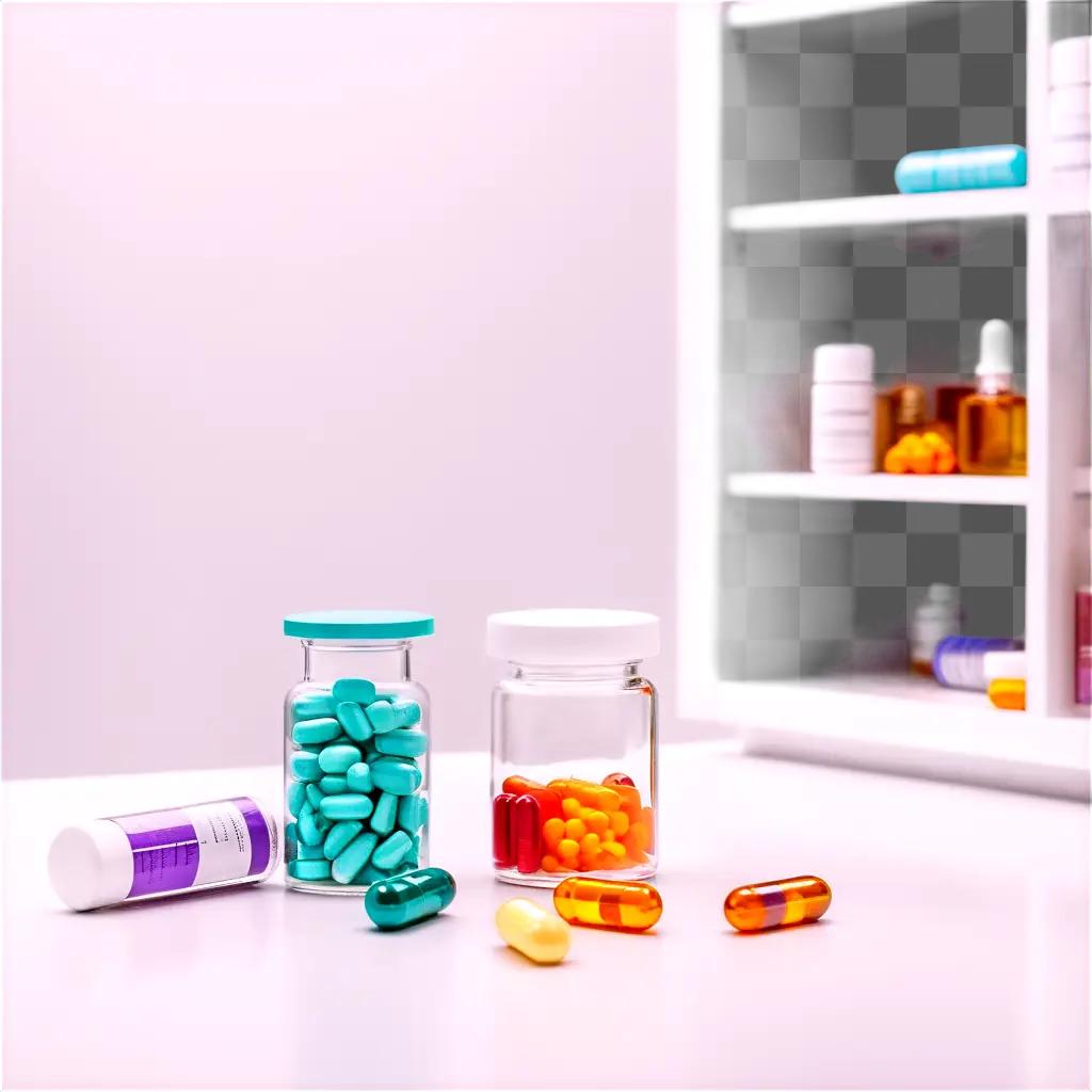 Various colored pills on a shelf and on a table