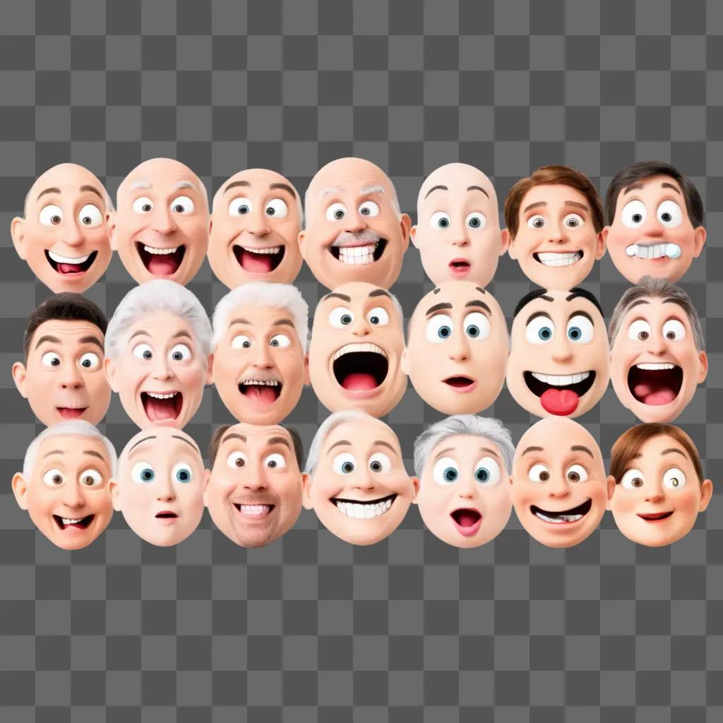 Various faces with smiles, frowns, and laughing mouths