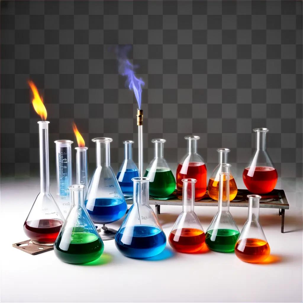 Various glassware with colored liquids and lit flames