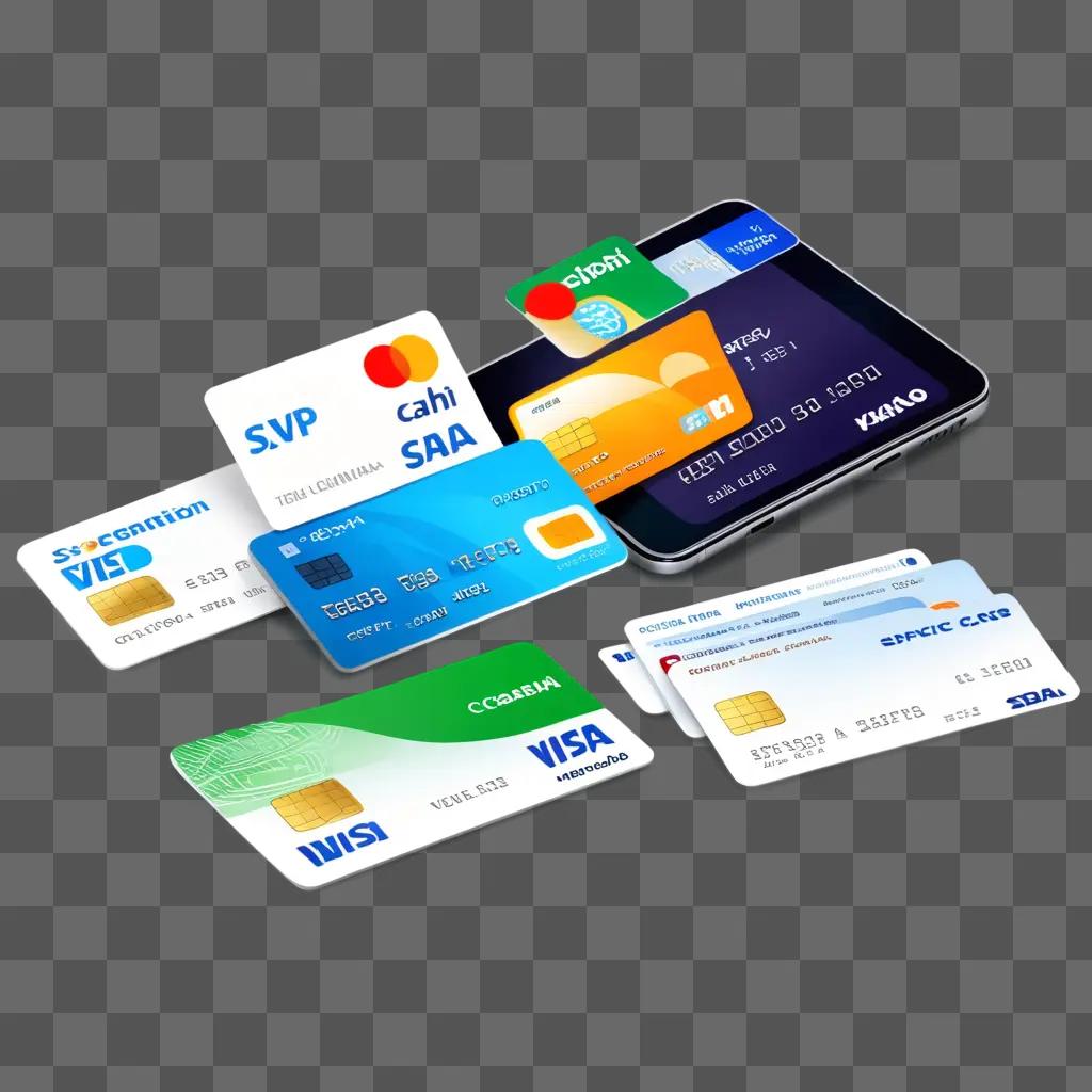 Various payment cards and smart phone with Visa and Mastercard logos