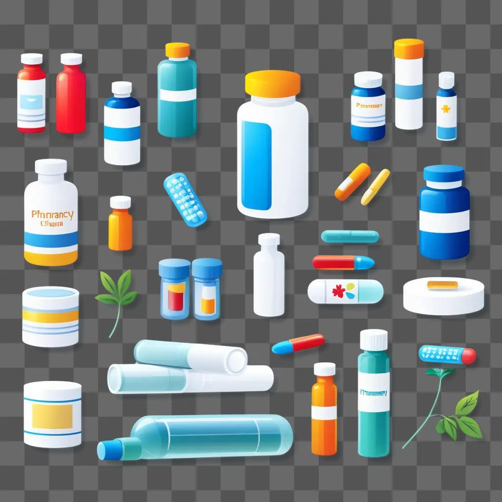 Various pharmacy items on a blue background