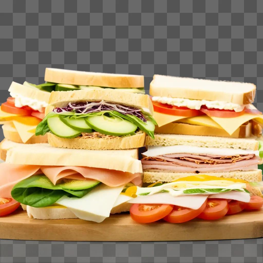 まな板にトッピングの異なる各種サンドイッチ