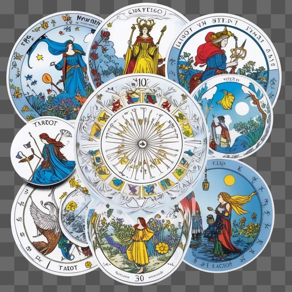 Various tarot cards are depicted on a white background