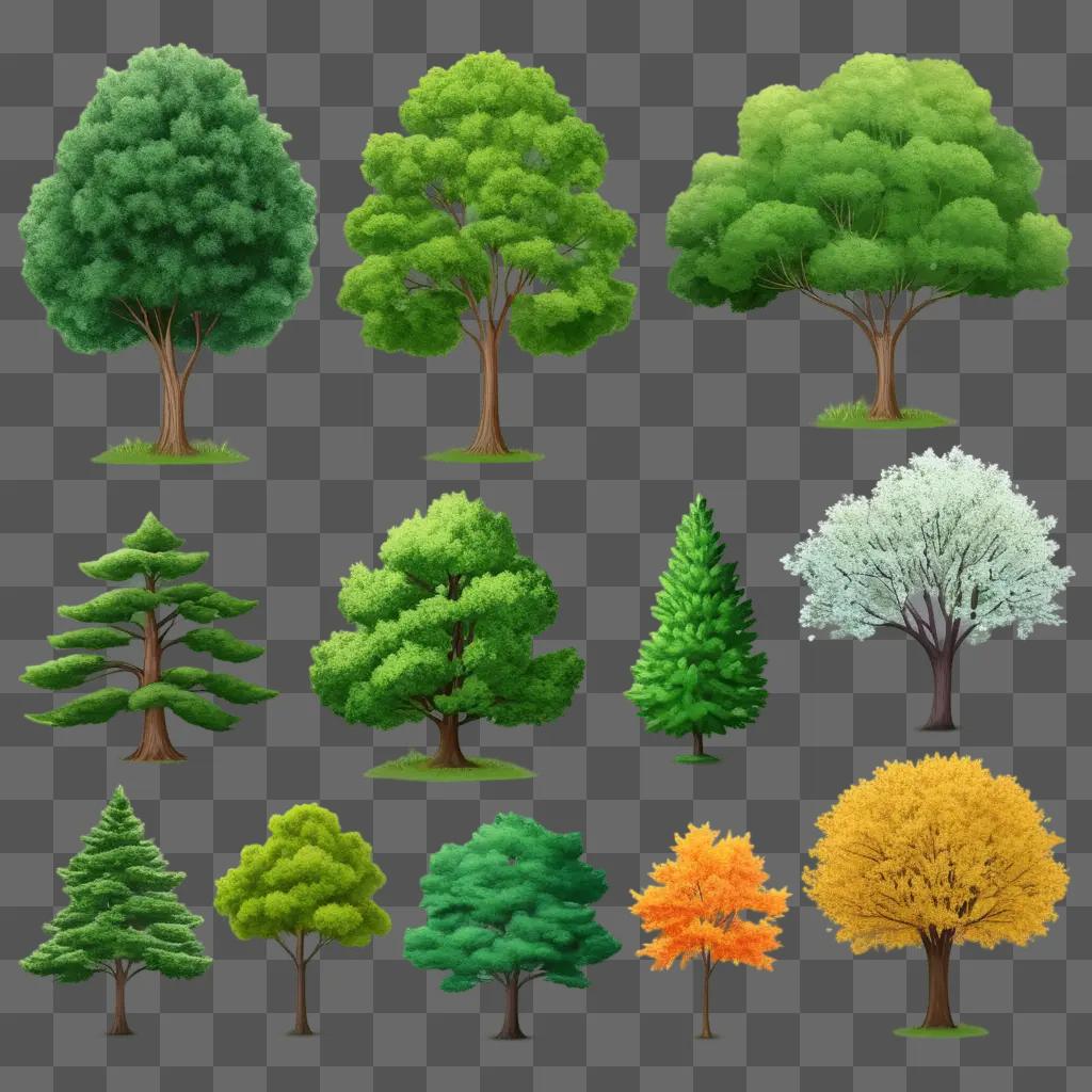 Various trees in various colors and sizes