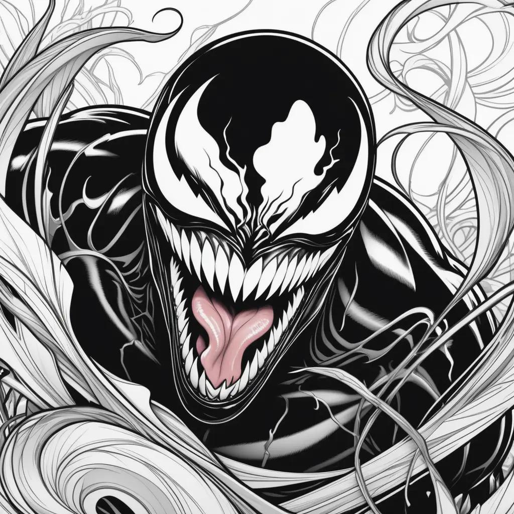 Venom coloring page with black and white illustration of mouth open