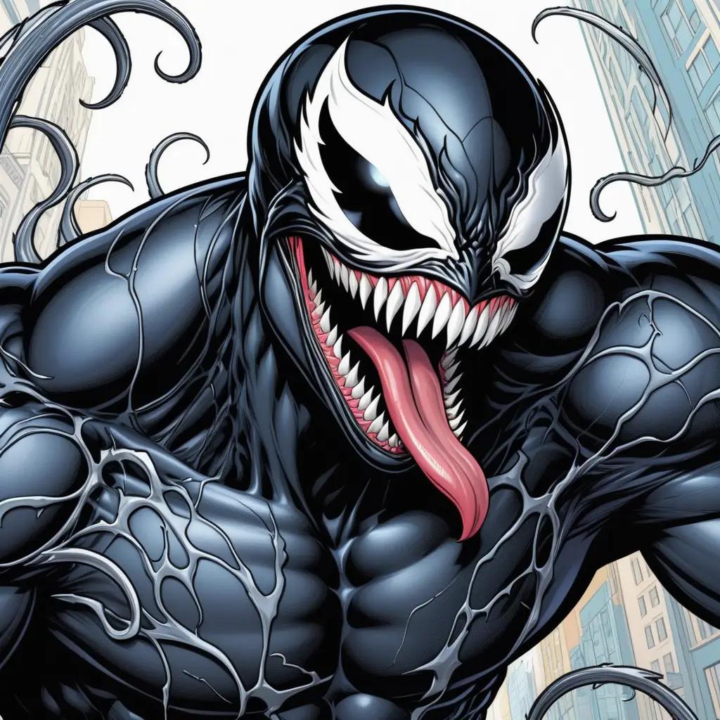 Venom coloring page with tongue and cityscape