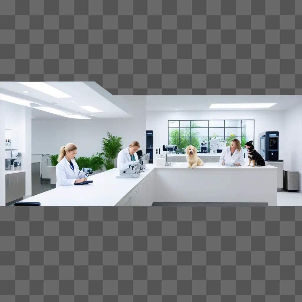 Veterinarians in a clean white office with dogs