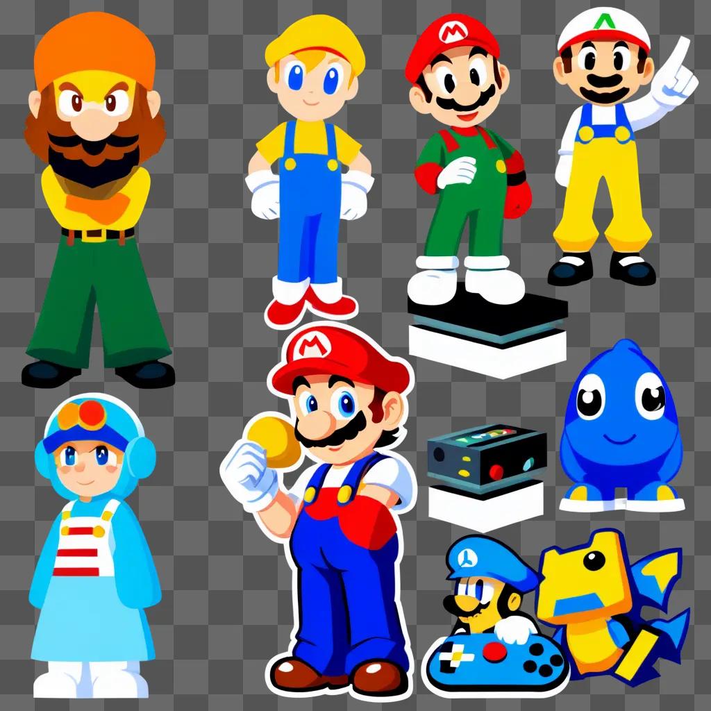 Video game characters displayed on a colorful background