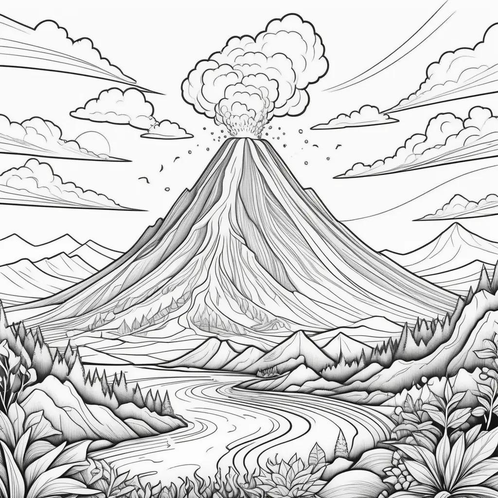 Volcanic eruption coloring pages with trees and mountains