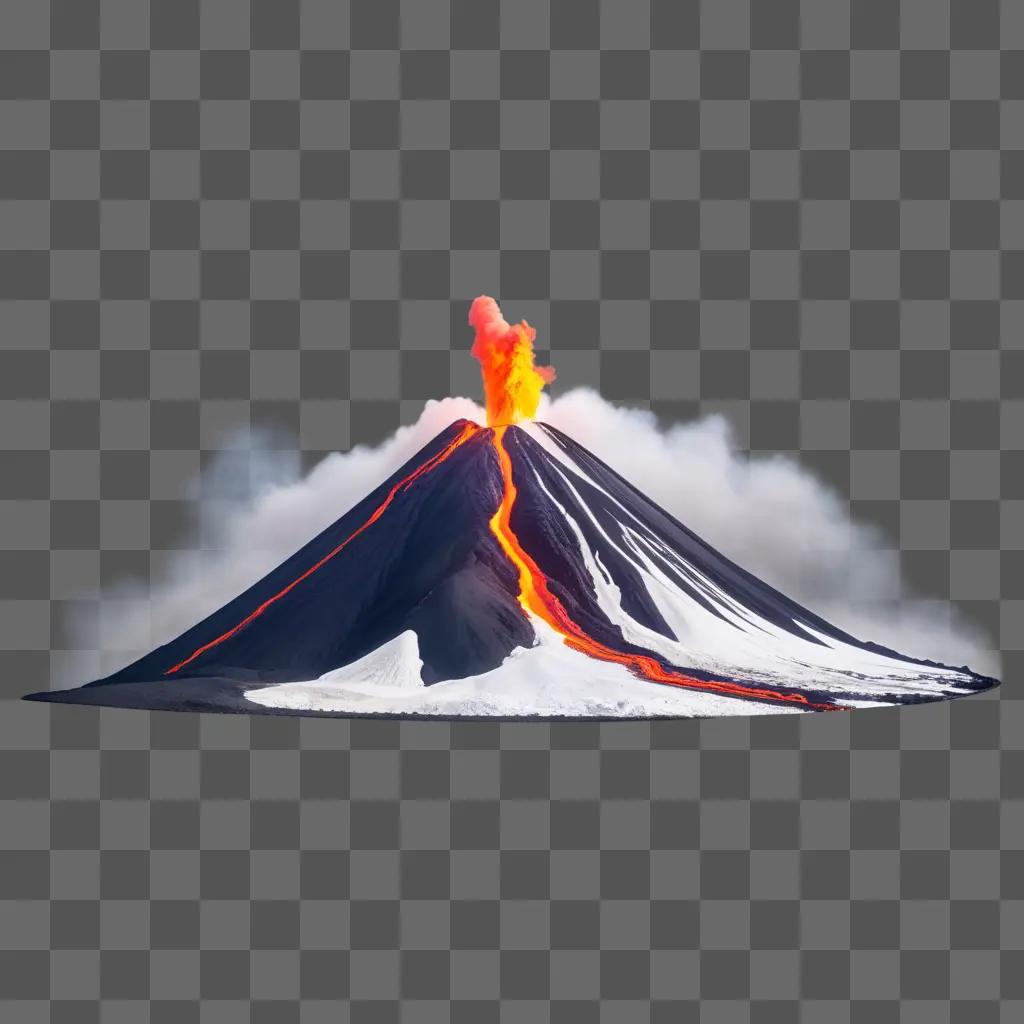 Volcanic eruption with smoke and lava on a snowy mountain