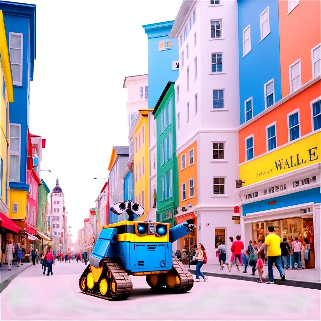 WALL-E in a colorful city street