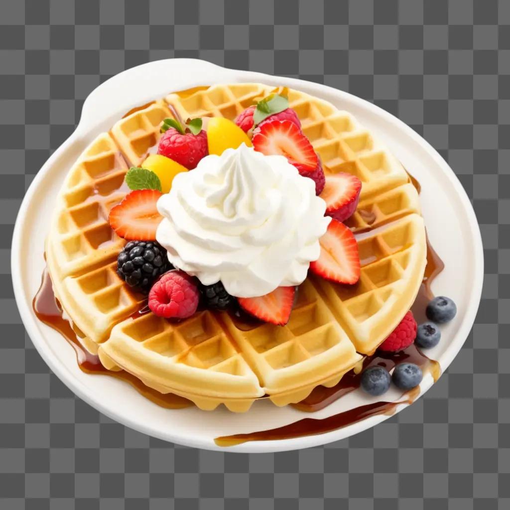 Waffles with berries and whipped cream on a plate