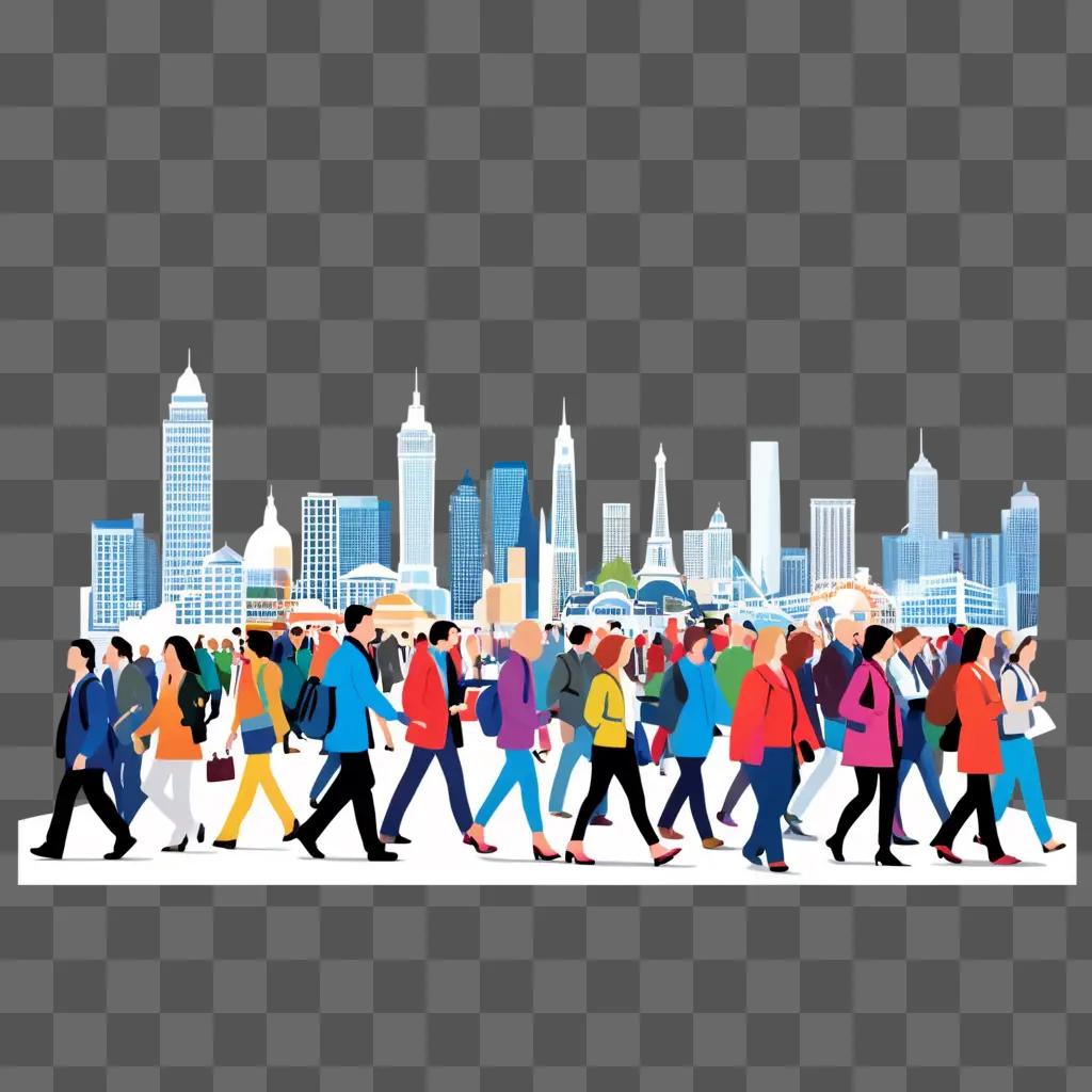 Walking people in a city against a grey background