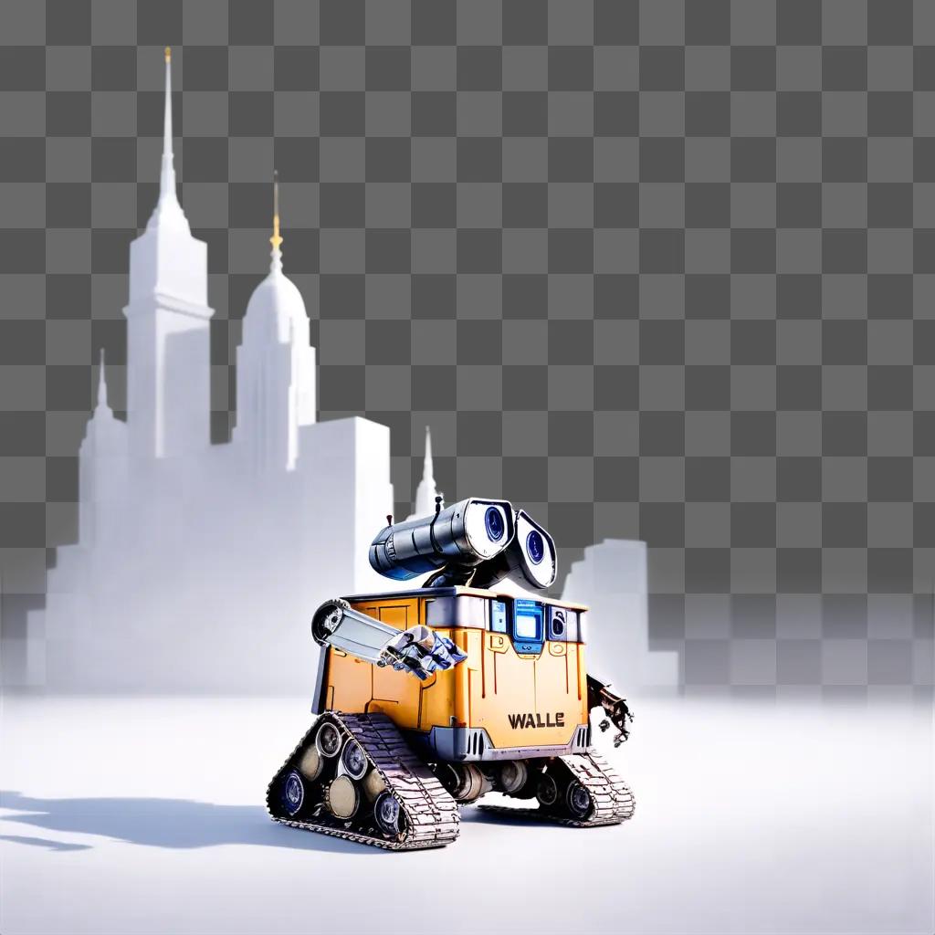 Wall-E robot with big eyes on a city skyline