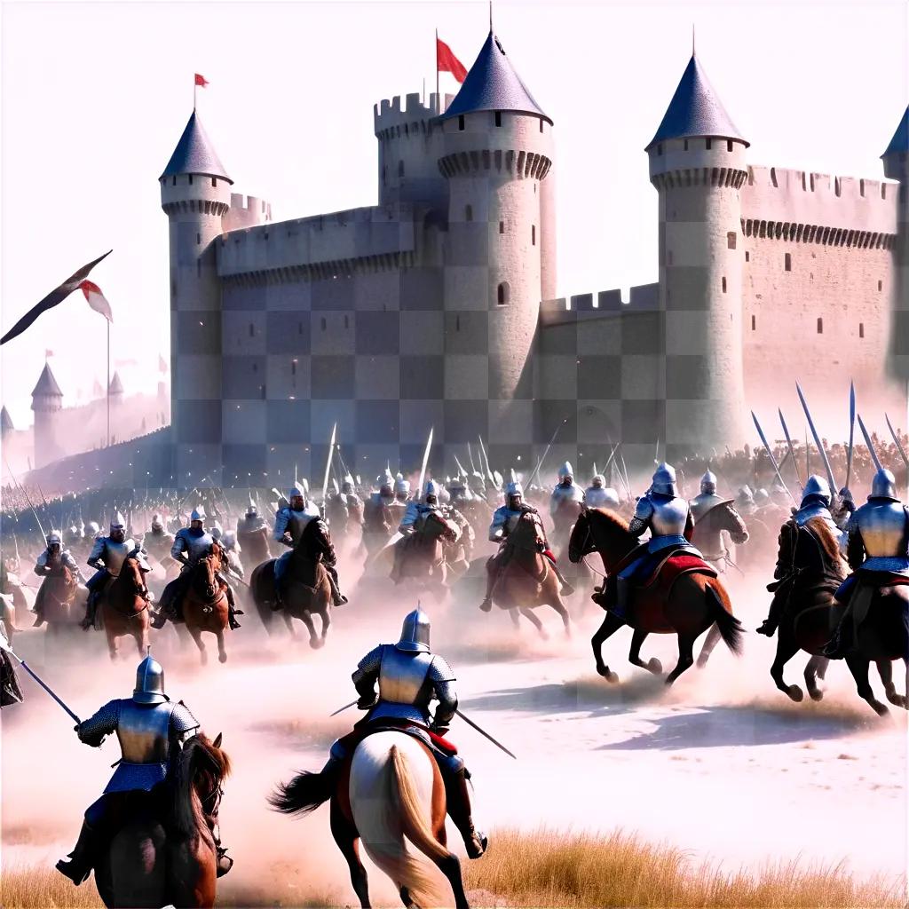 Warriors ride on horseback towards castle with flags