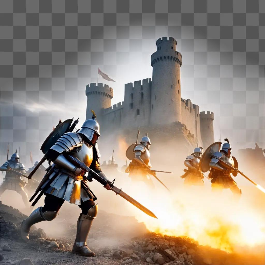 Warriors storm the castle gates in a medieval battle