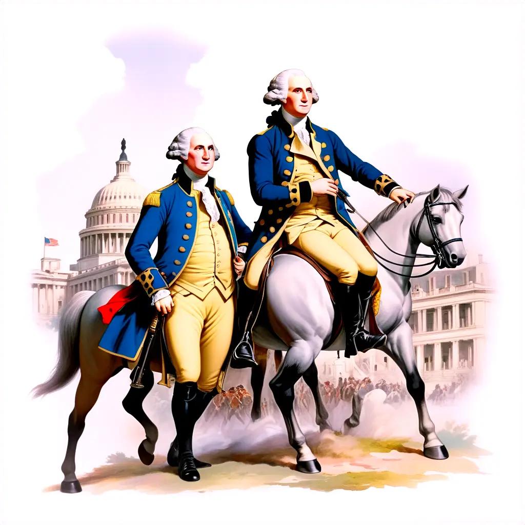 Washington and Jefferson ride horses in front of a Capitol building