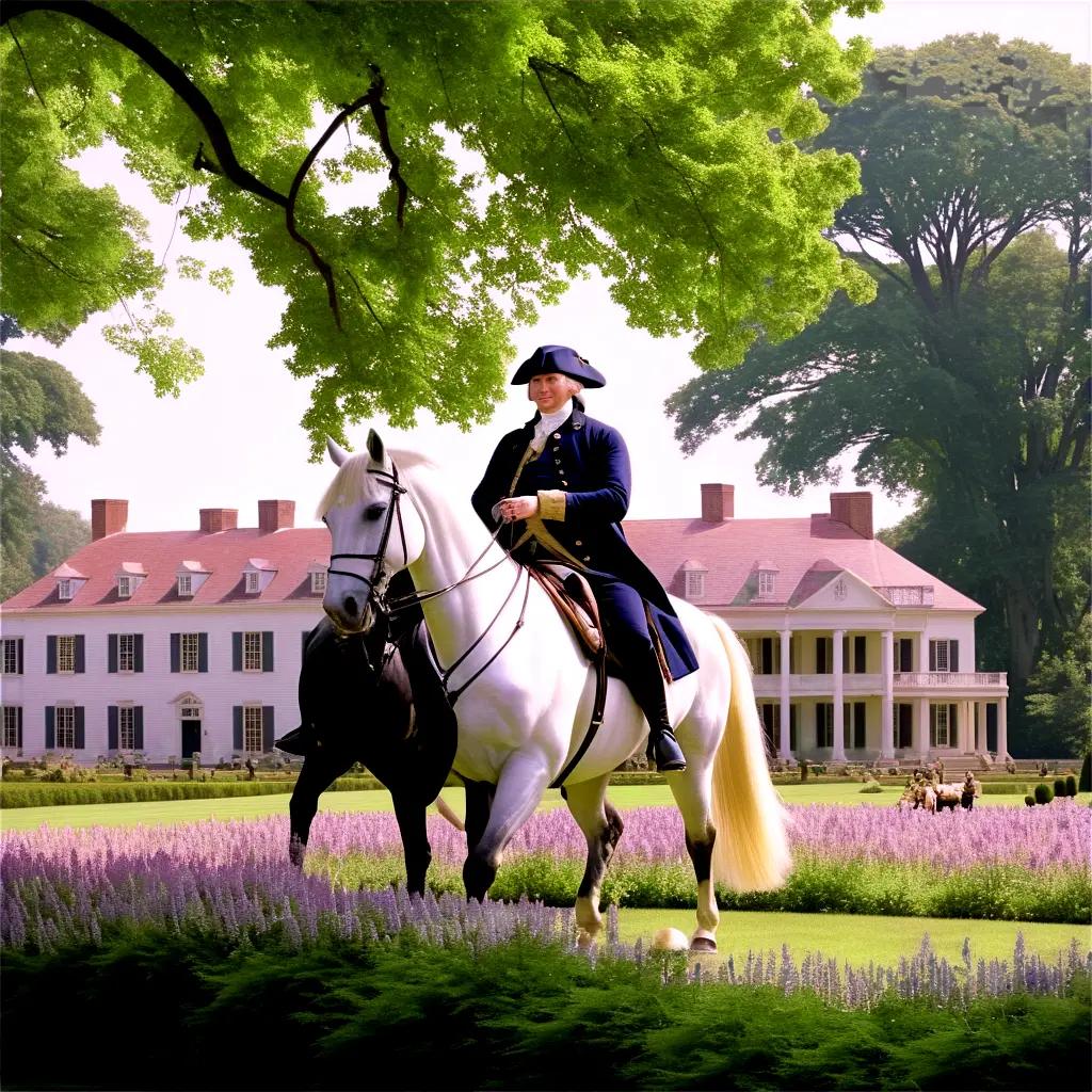 Washington rides on white horse in purple field