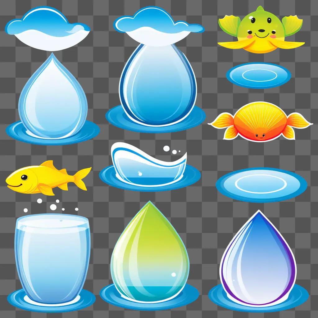 Water clipart shows a variety of water shapes and objects