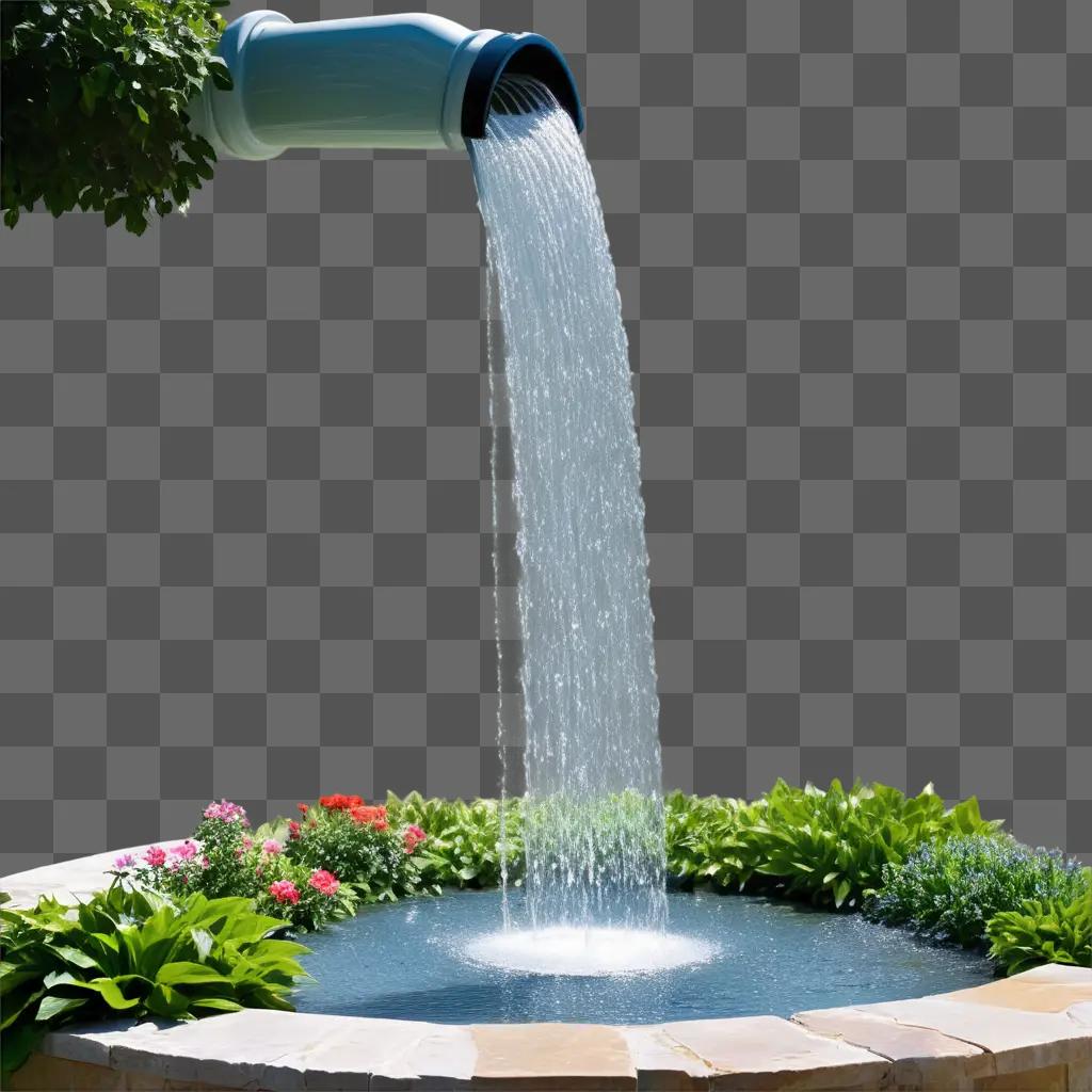 Water pouring from a silver container into a pool