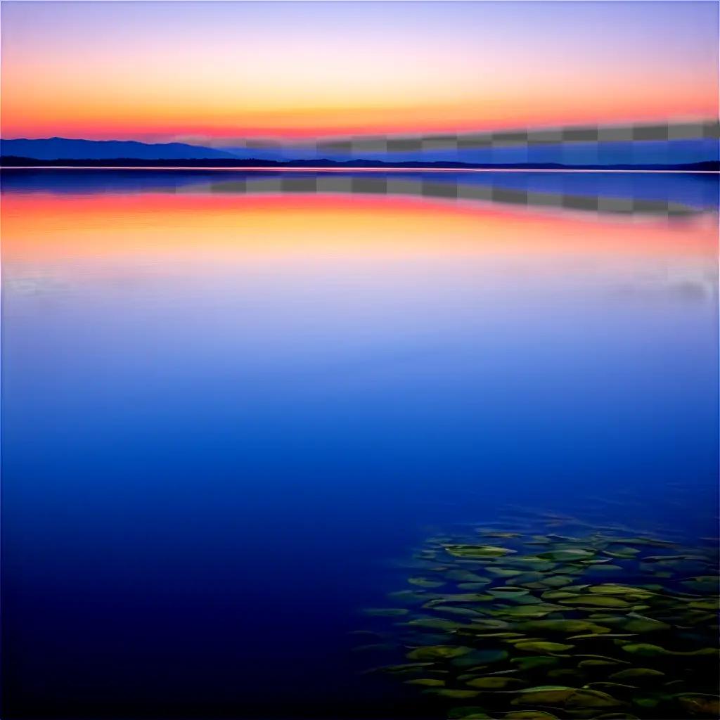 Water reflection of mountains and sky at sunset