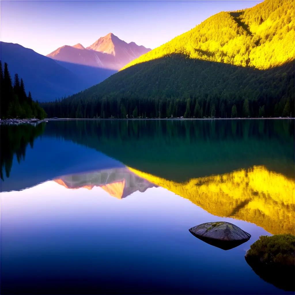 Water reflection on a calm lake in a forest