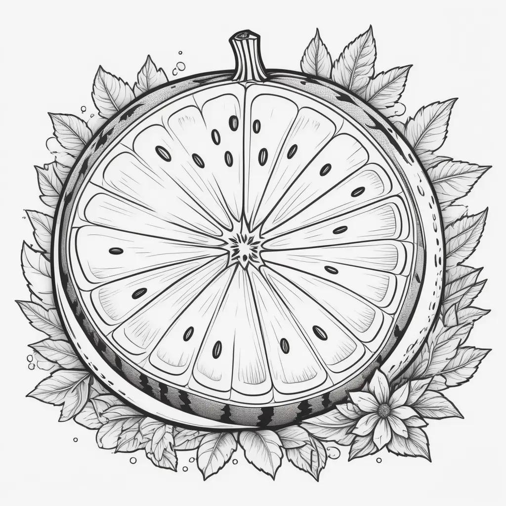 Watermelon Coloring Page: A Circle of Limes and Leaves