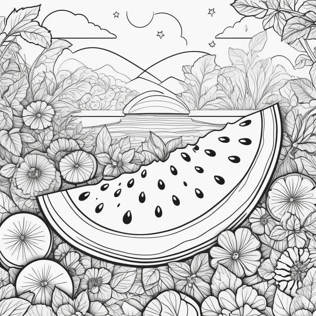 Watermelon coloring page with flowers and stars