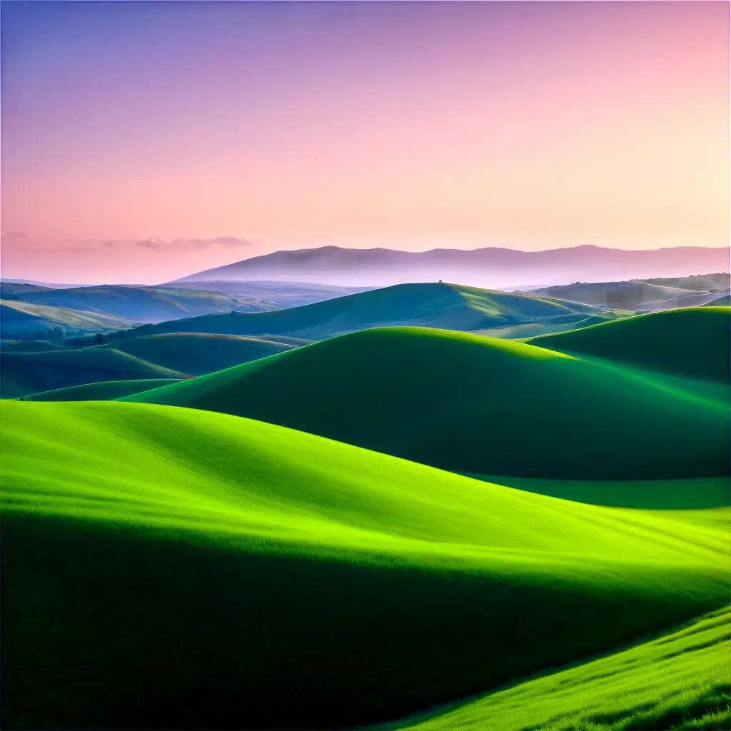 Wavy green hills at sunset