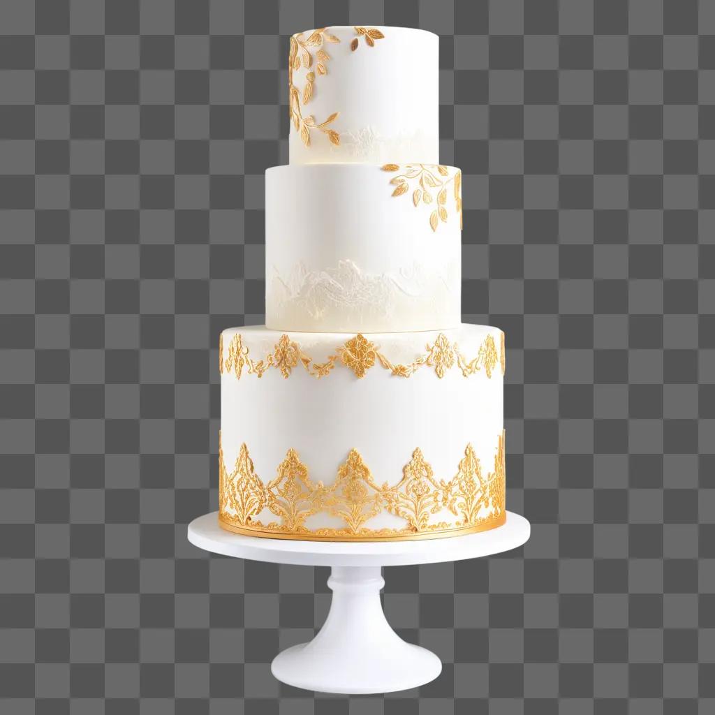 Wedding cake with gold accents and lace decoration