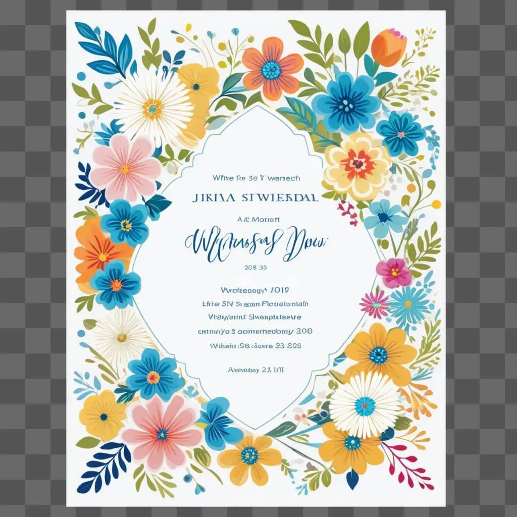 Wedding invitation with colorful flowers and blue background