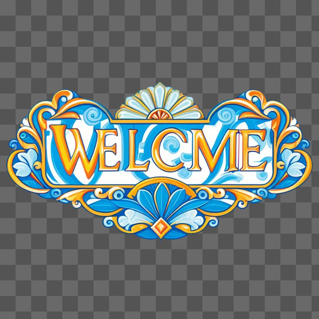 Welcome sign design in blue and orange