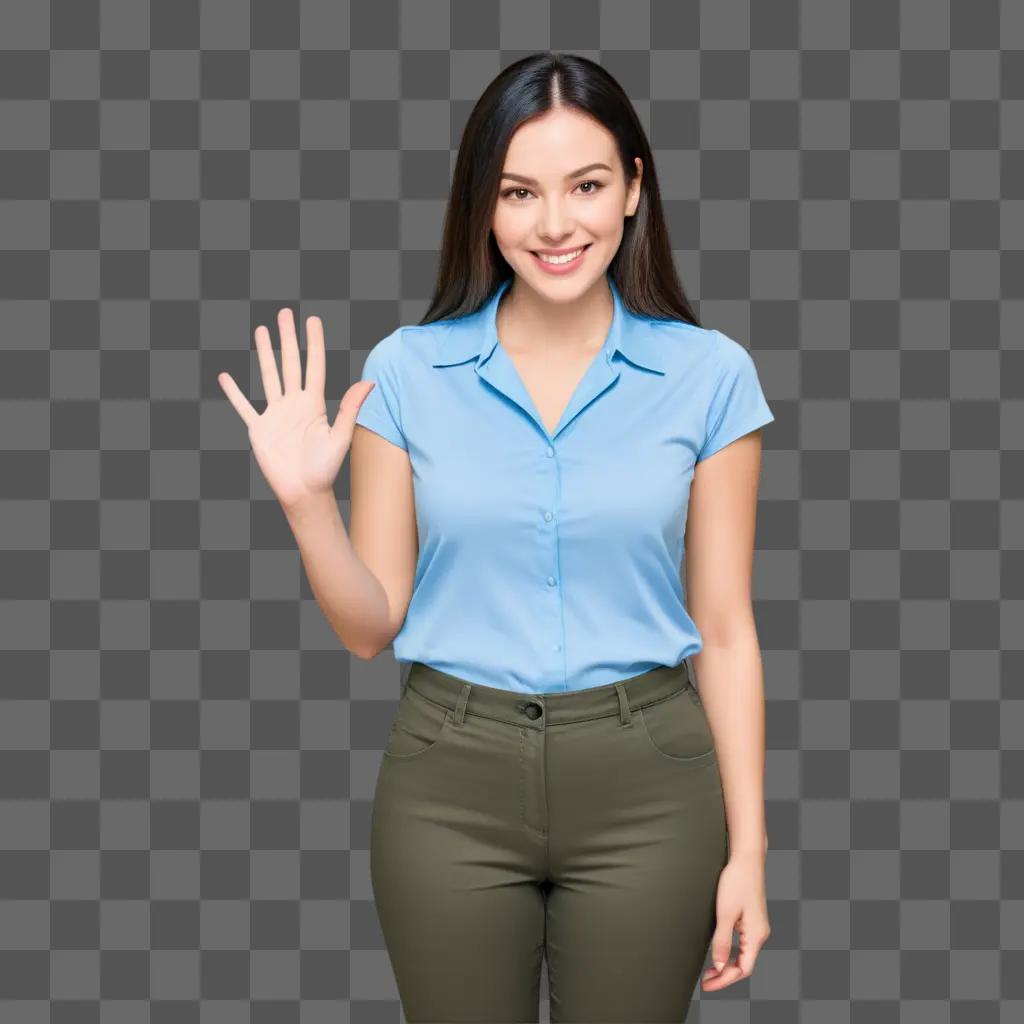 Welcoming woman in a blue shirt with a hand raised