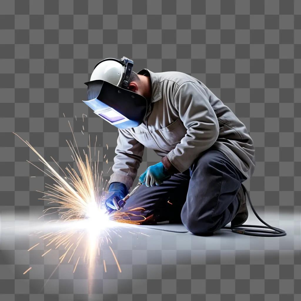 Welder in a grey shirt works with sparks flying