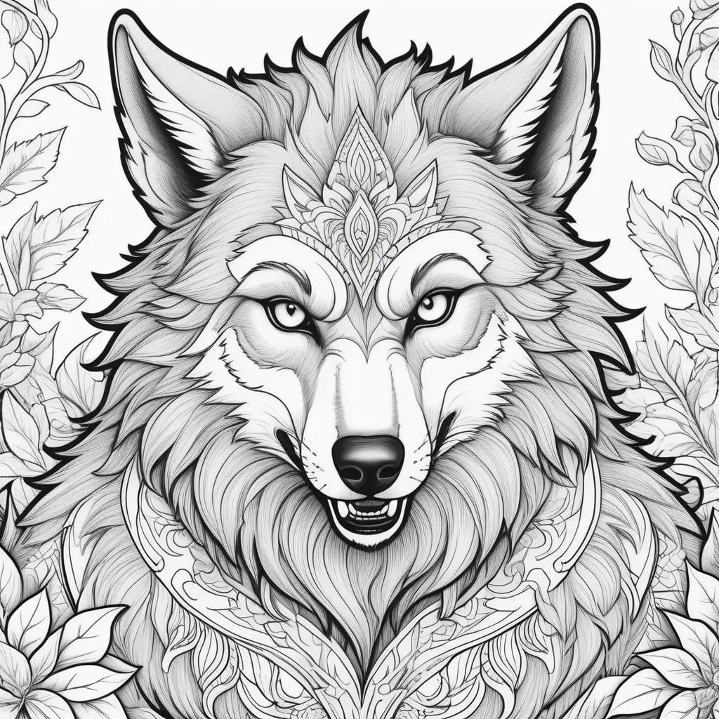 狼男 ぬりえ:オオカミ、デザイン、顔、動物、黒と白、花