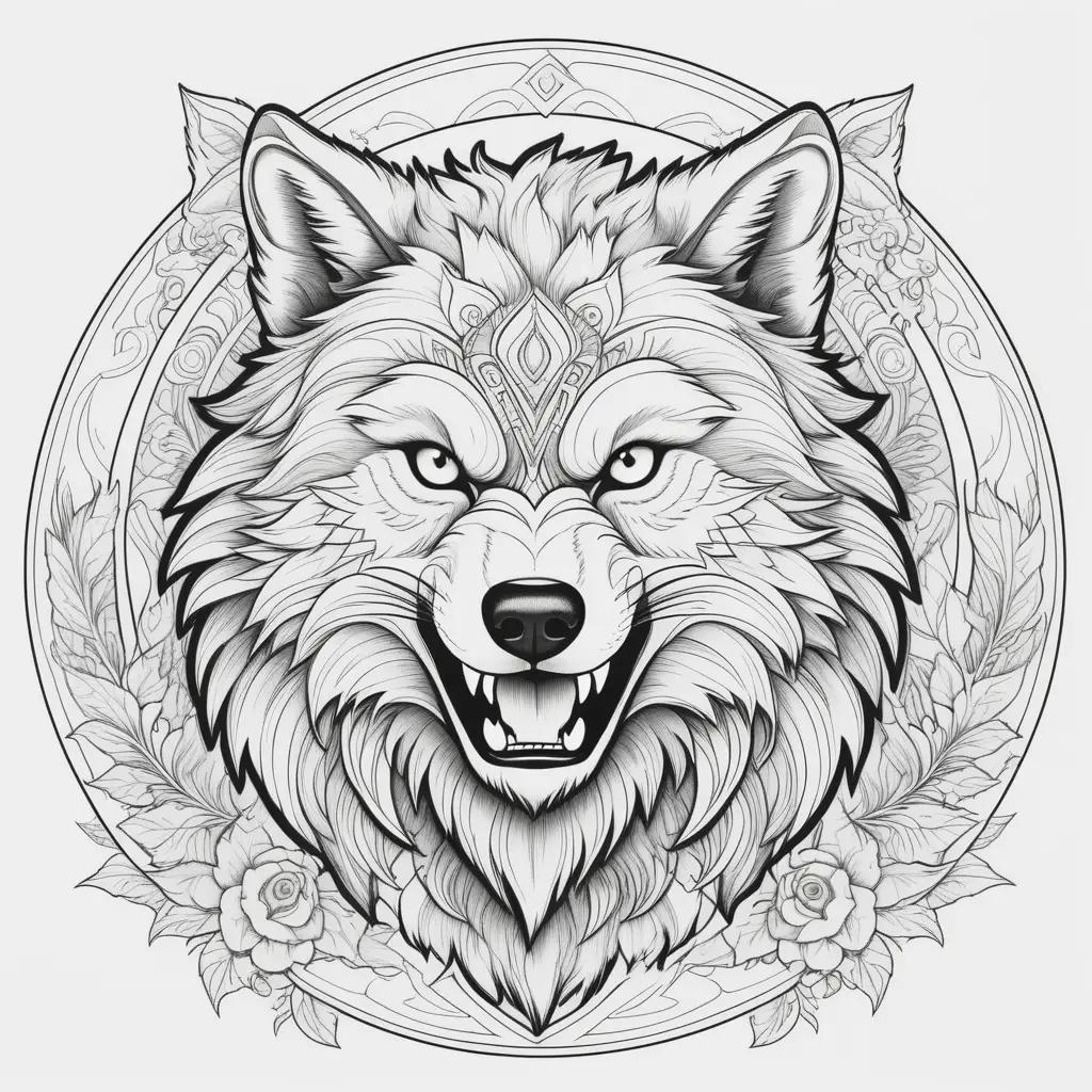 Werewolf coloring pages with a black and white wolf head