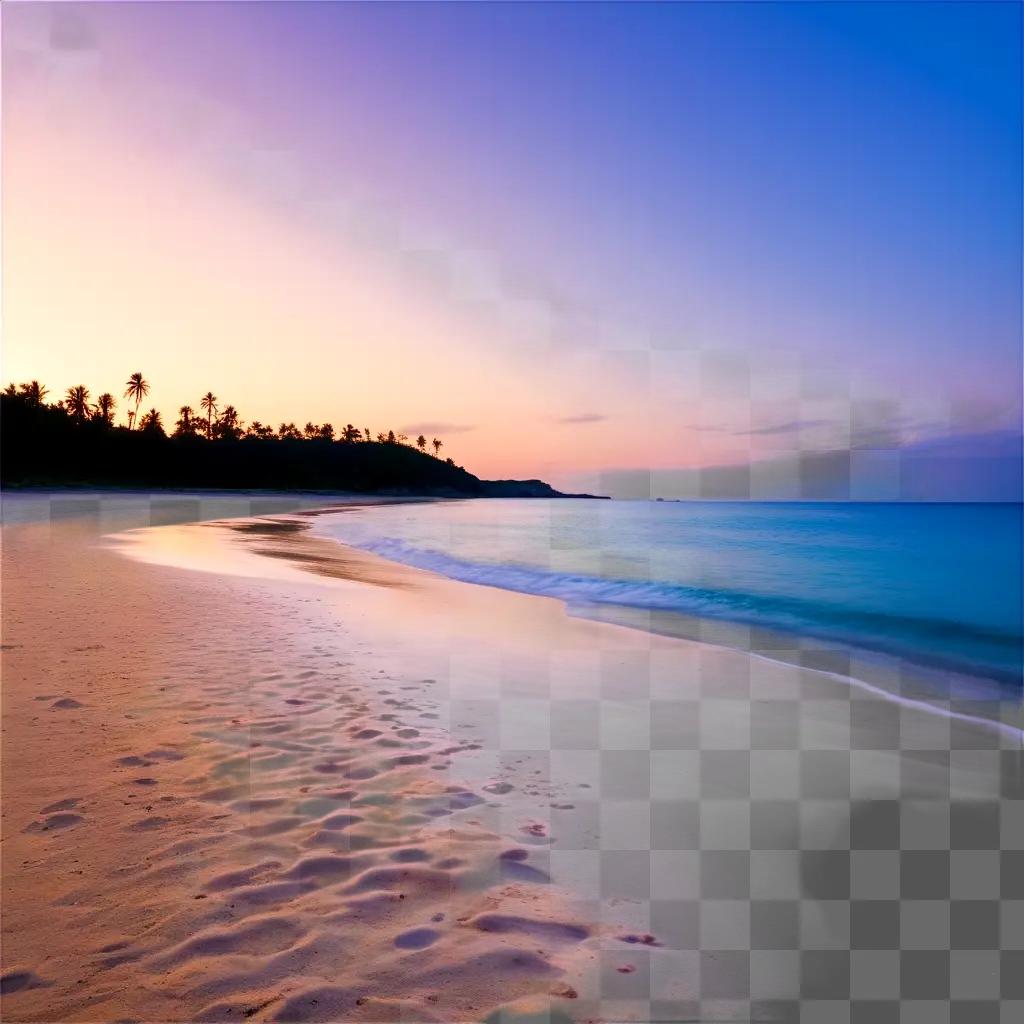 Wet footprints on a beach under a purple sky