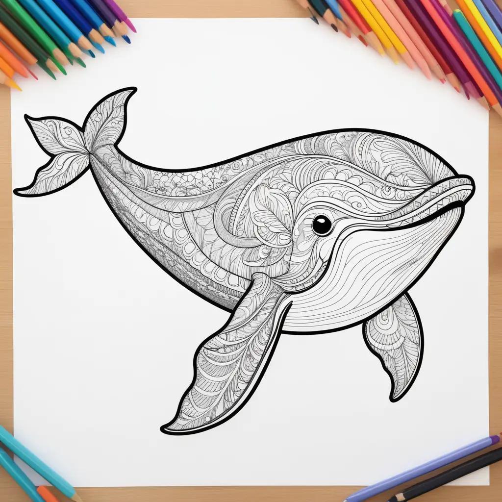 Whale coloring page with colorful pencils and pens