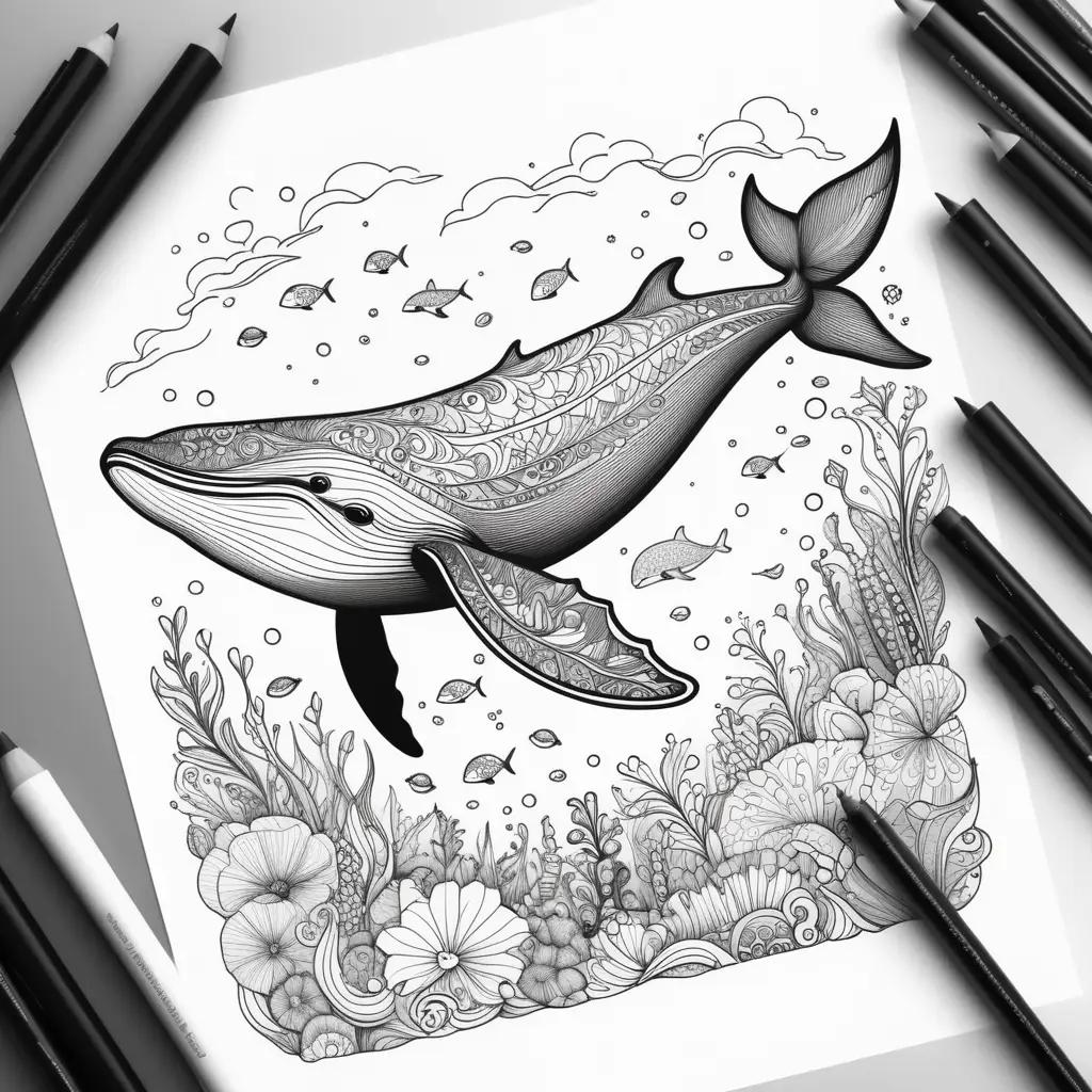 Whale coloring page with ocean scene and underwater fish