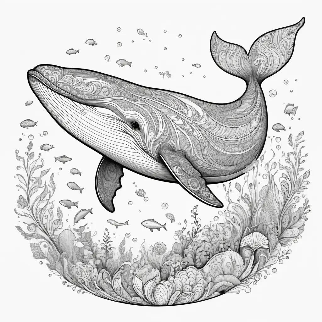 Whale coloring page with various fish and sea creatures