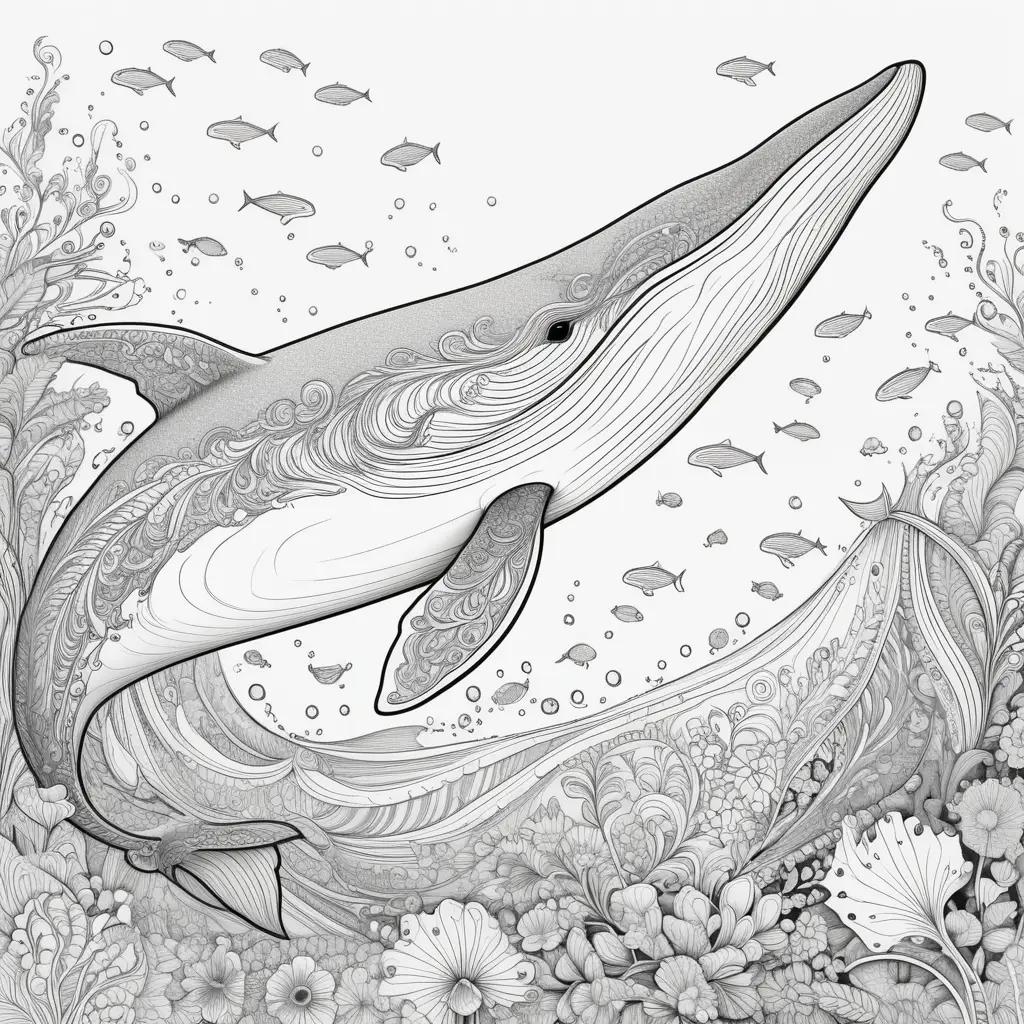 Whale coloring pages: a beautiful ocean scene with a whale and other sea creatures