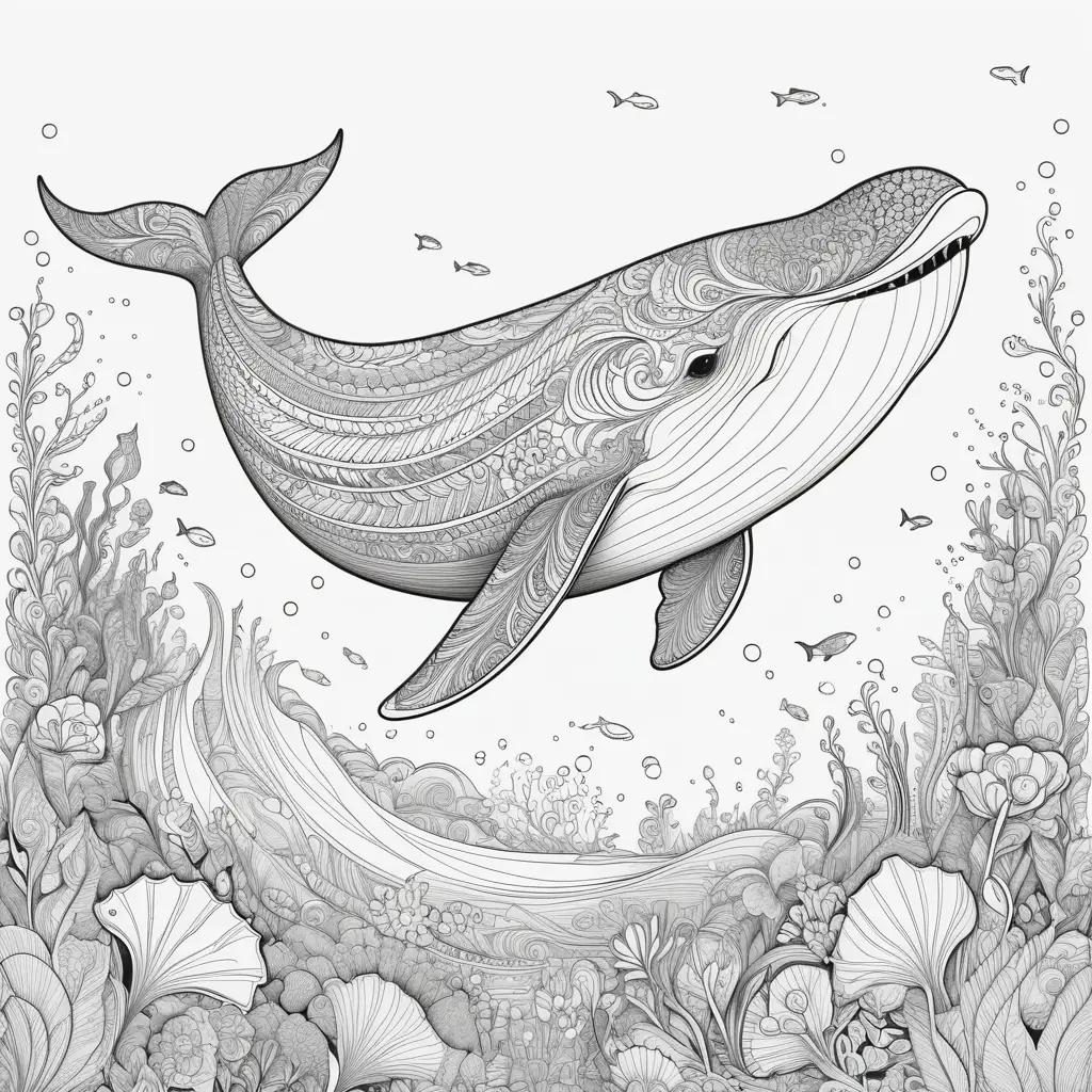 Whale coloring pages: black and white, ocean, coral, fish